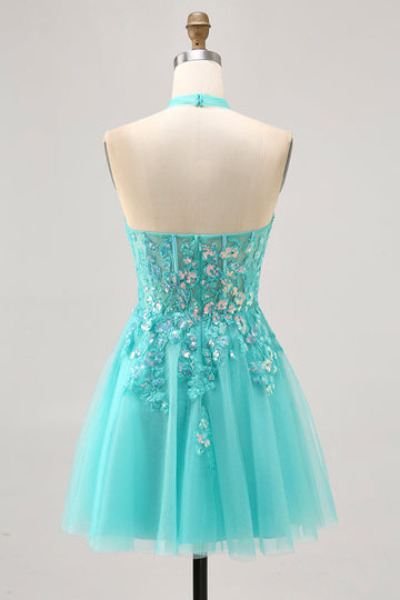 Halter Appliqued A Line Short Green Cocktail Dress